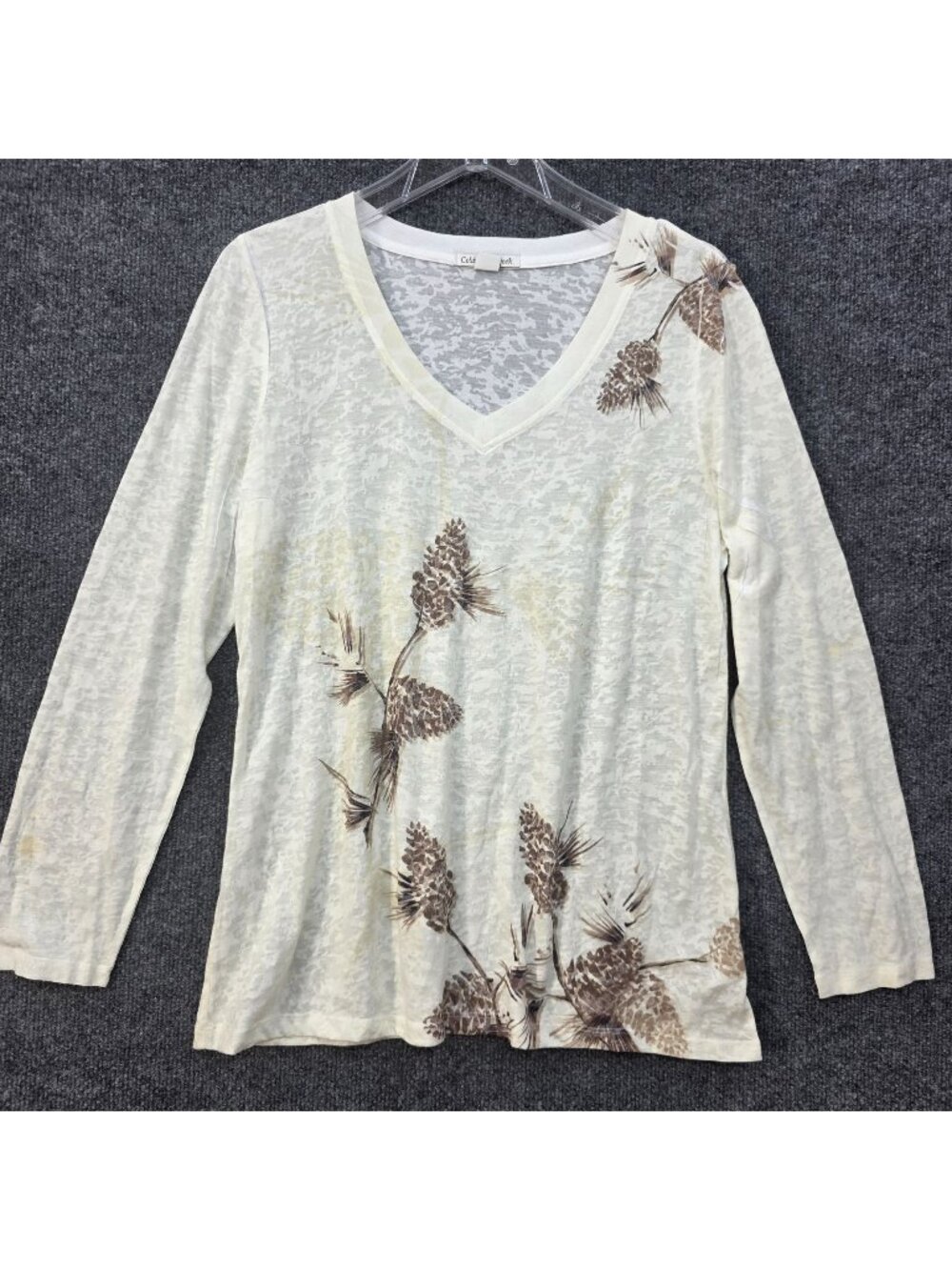 Coldwater Creek L Pine Cone Burnout Long Sleeve Top Ivory Cottagecore Layers